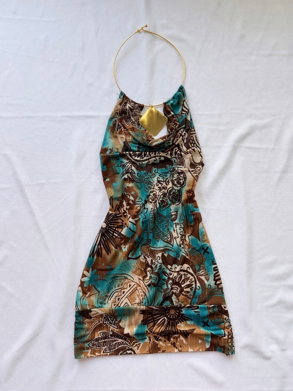 Vintage Brown Blue Abstract Halter Ring Top
Gold Hardware Stretch